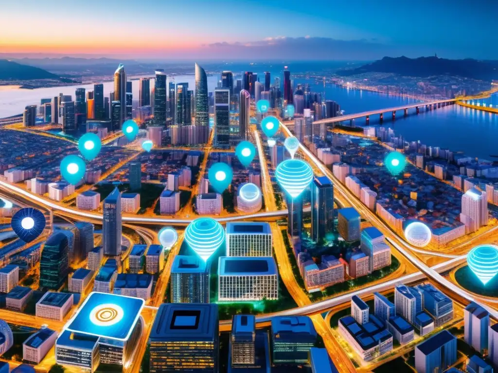 Un paisaje urbano futurista con dispositivos IoT y software de código abierto para IoT integrados, iluminado con luces LED energéticamente eficientes