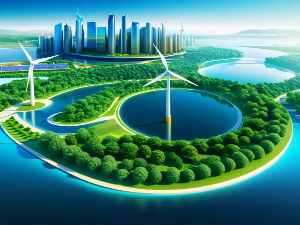 Un paisaje urbano futurista con energía renovable integrada, promoviendo el software de código abierto y la lucha contra el cambio climático