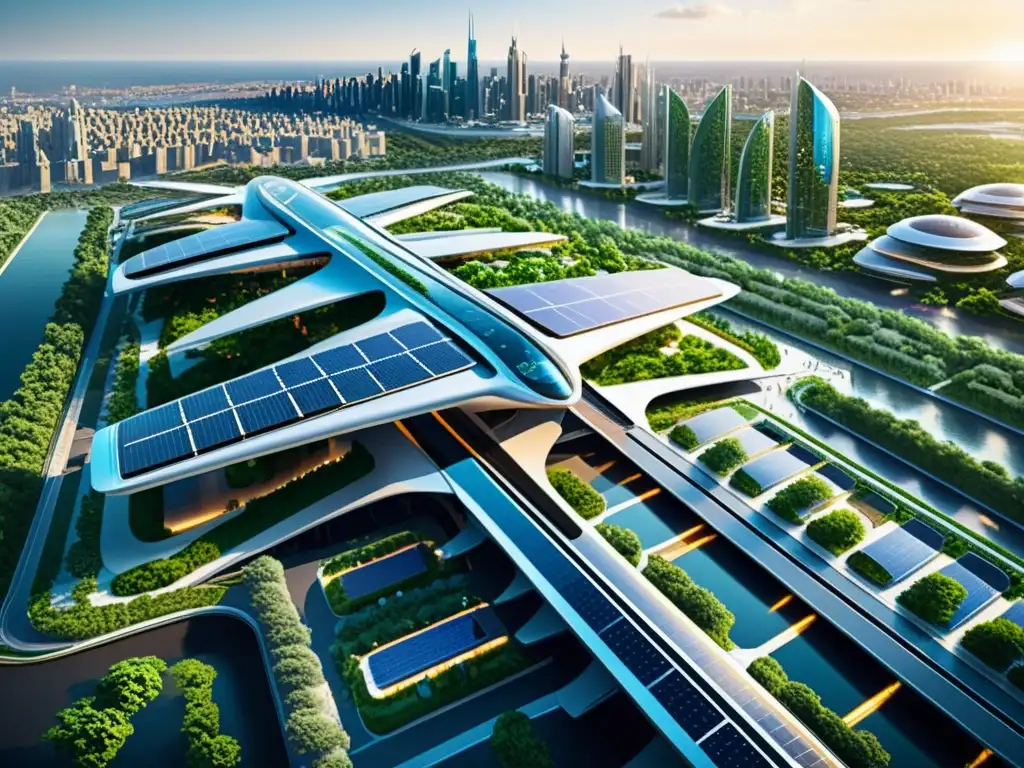 Un paisaje urbano futurista lleno de tecnología avanzada y conciencia ambiental, mostrando el impacto del software de código abierto en costos de TI