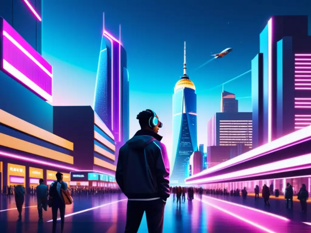 Metrópolis futurista: la revolución del AI en la sociedad Un paisaje urbano futurista con rascacielos relucientes, iluminado por luces de neón y rodeado de tecnología avanzada