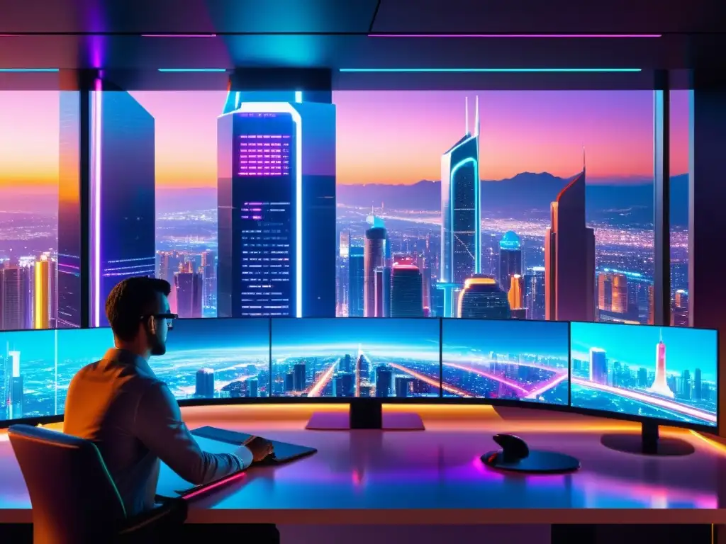 Babel: Ciudad futurista con programadores en JavaScript Un paisaje urbano futurista con rascacielos, luces de neón y tecnología avanzada