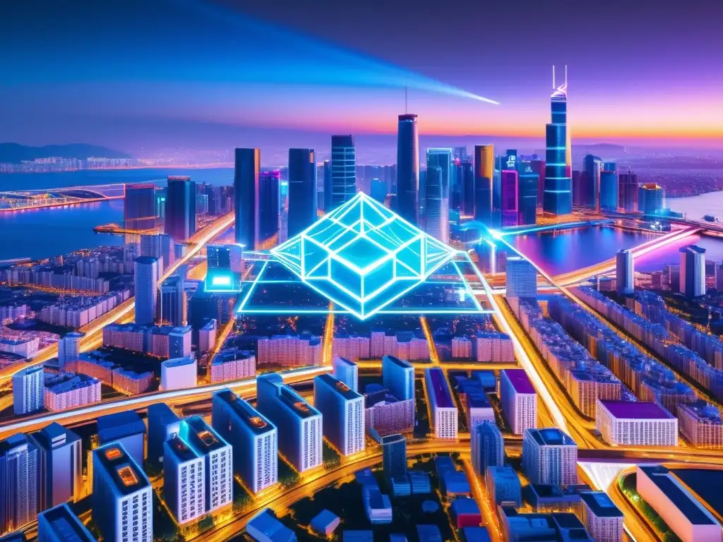 Un paisaje urbano futurista con tecnologías blockchain e IoT integradas, destacando la alianza innovadora entre ambos sistemas