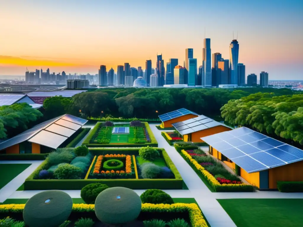 Un paisaje urbano sostenible al anochecer, con rascacielos iluminados y un parque urbano exuberante