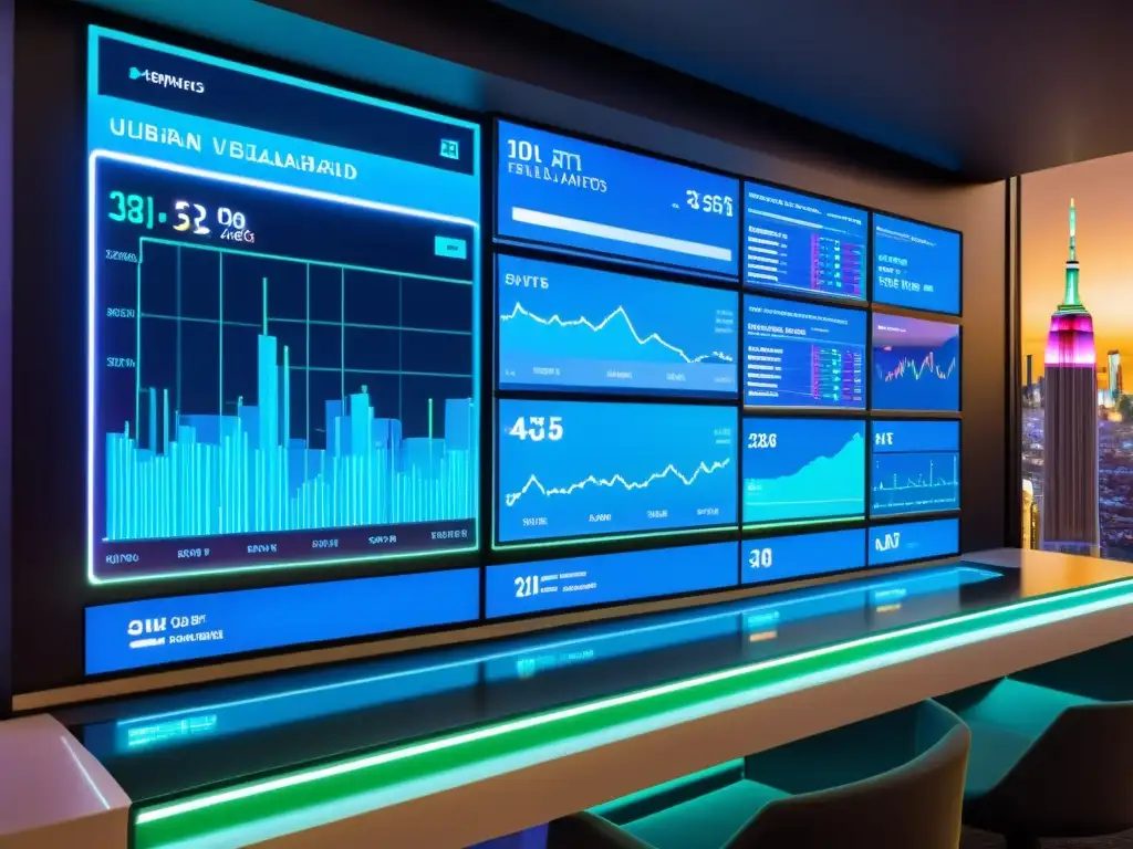 Panel de análisis de datos futurista con gráficos y visualizaciones en tiempo real, sobre el telón de fondo de una ciudad nocturna