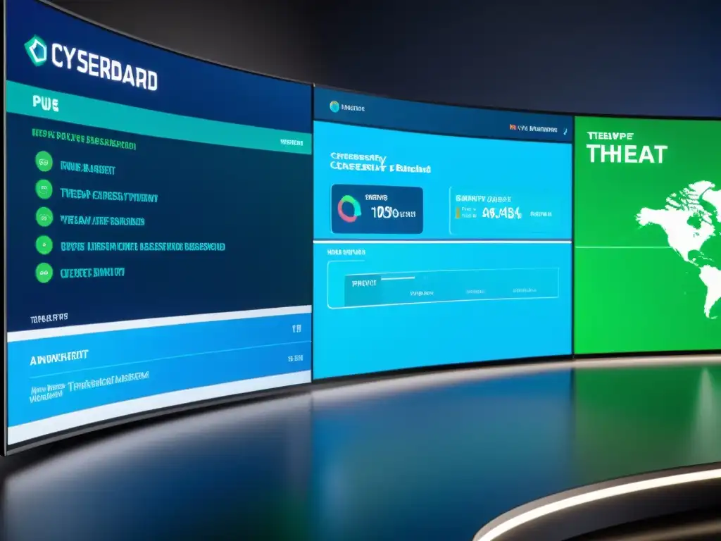 Un panel de ciberseguridad futurista con detección de intrusos de código abierto, visualizando datos en tonos azules y verdes vibrantes