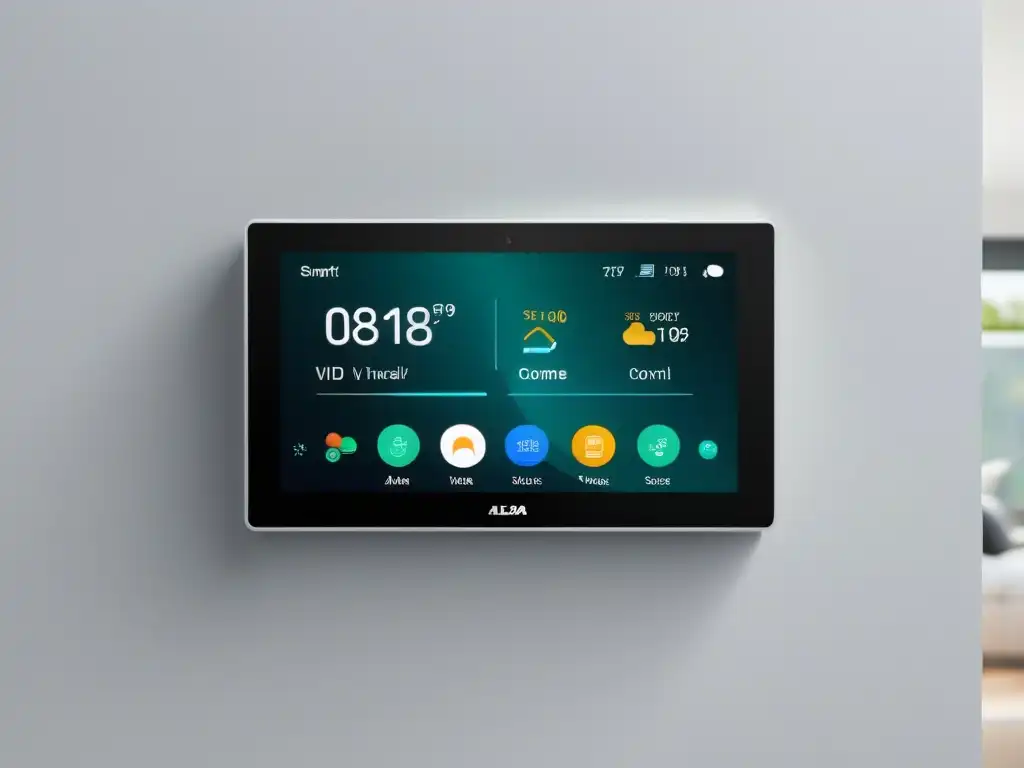 Panel de control domótico moderno e integrado con Alexa y Google Home, en una pared blanca