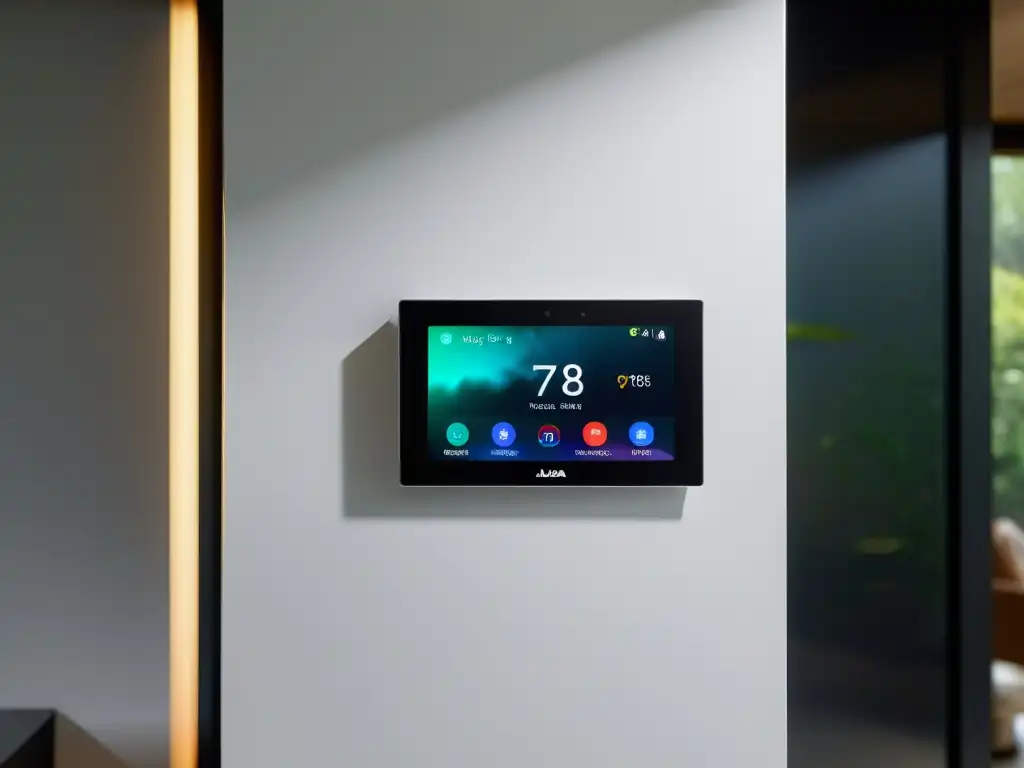 Panel de control domótico moderno con integración de Alexa y Google Home en una elegante pared blanca