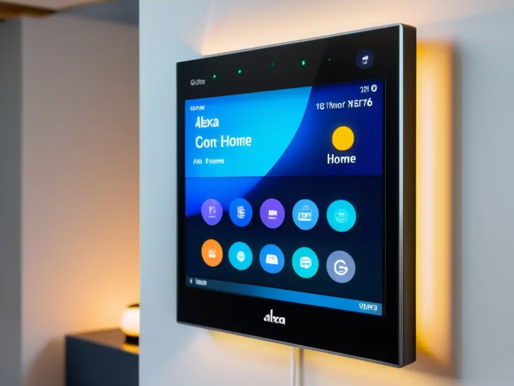 Panel de control domótico moderno con integración de Alexa y Google Home en una sala contemporánea de alta tecnología