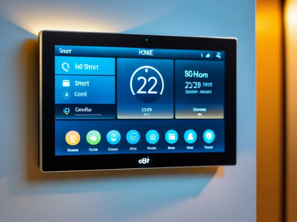 Un panel de control domótico moderno con pantalla táctil, controlando dispositivos de iluminación, seguridad, clima y entretenimiento en una pared minimalista con iluminación ambiental