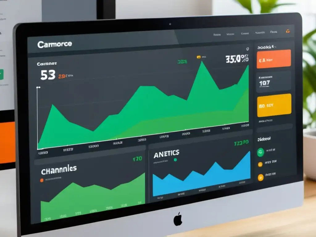 Un panel de control de ecommerce moderno y vibrante muestra estrategia multicanal con software ecommerce de código abierto