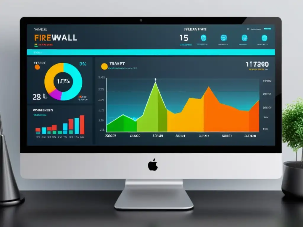 Un panel de control elegante y moderno muestra análisis de tráfico en tiempo real con visualizaciones vibrantes y codificadas por colores