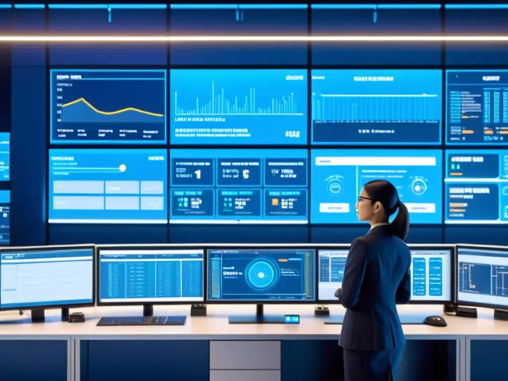 Panel de control futurista con datos en tiempo real, en un centro de operaciones de alta tecnología