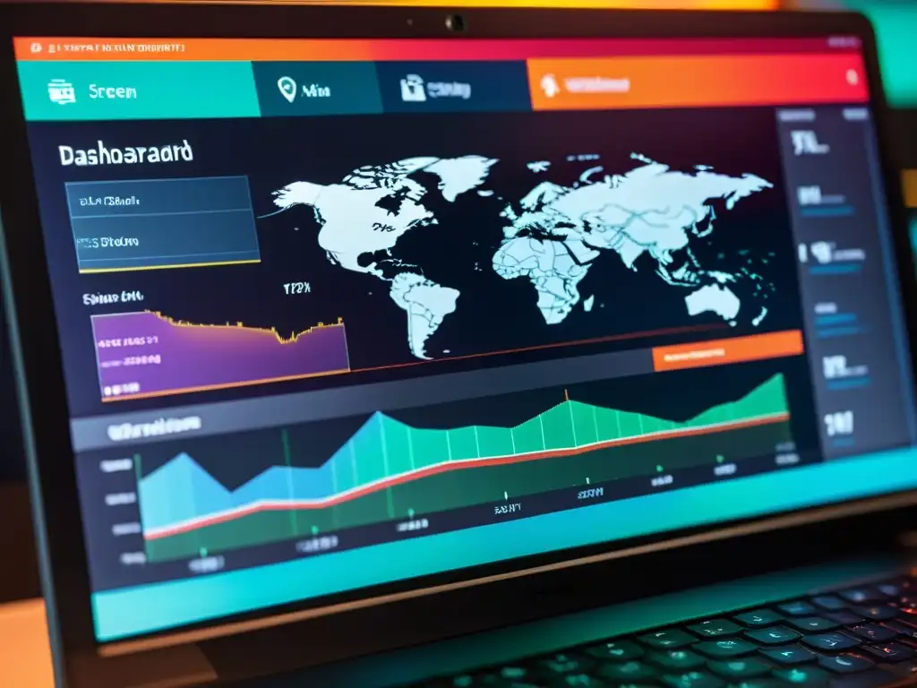 Un panel de control futurista y detallado de Soluciones Open Source gestión vulnerabilidades, con visualizaciones de datos, monitoreo de amenazas en tiempo real y un mapa de calor de ataques cibernéticos globales