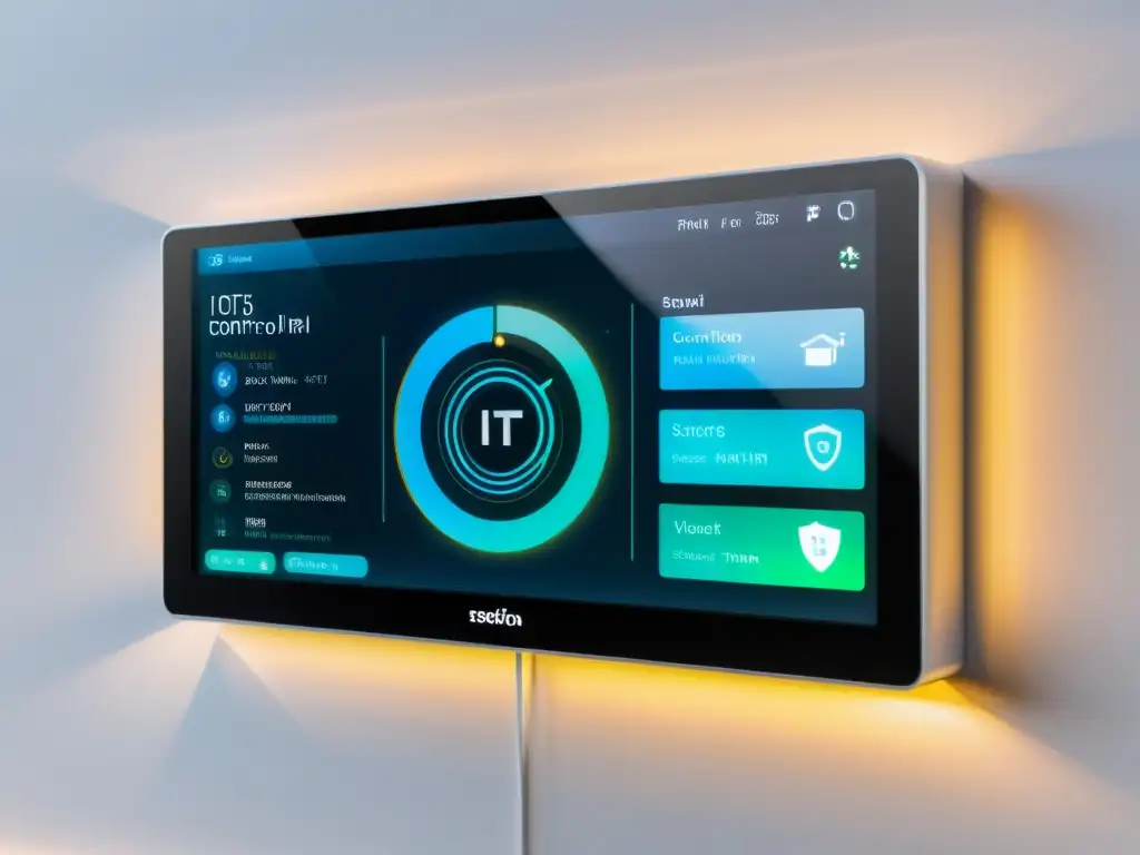 Panel de control futurista en hogar inteligente con dispositivos IoT interconectados y medidas de protección de privacidad