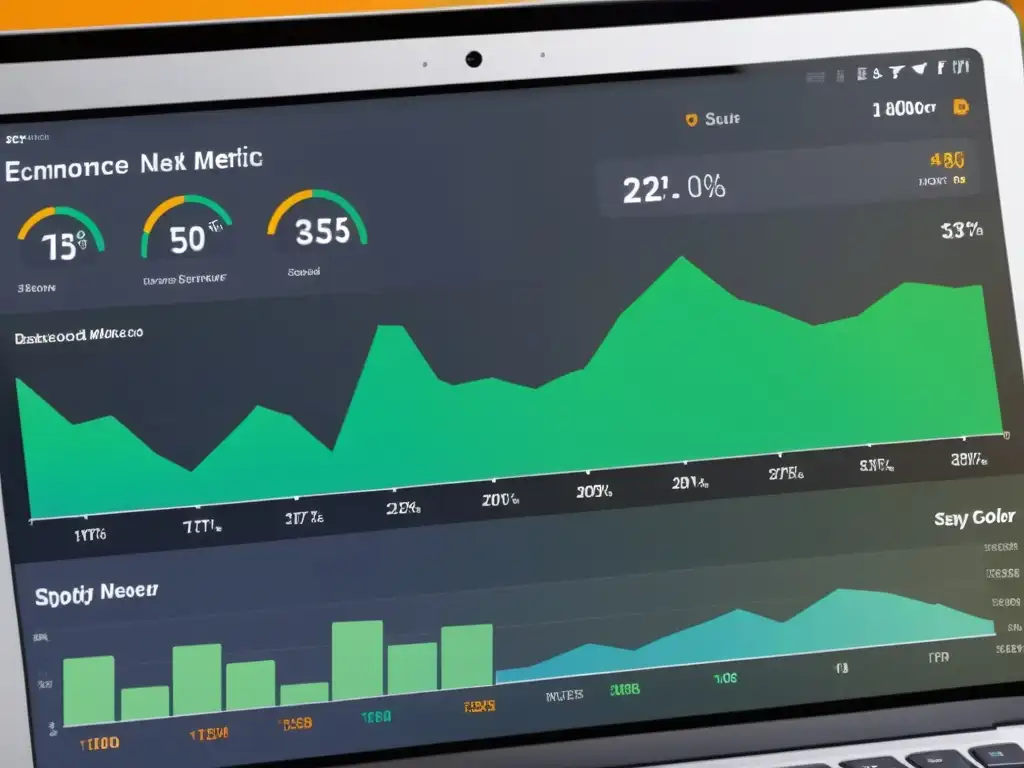 Un panel de control futurista muestra métricas de ecommerce en tiempo real con gráficos vibrantes y datos de Google Analytics y Shopify