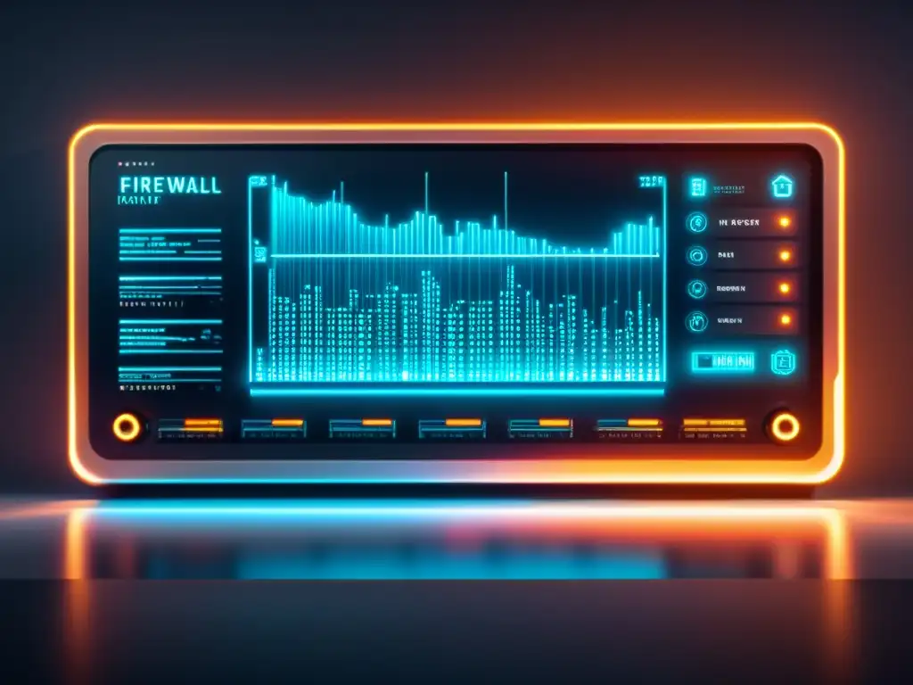 Panel de control futurista con scripts esenciales para firewall de código abierto, mostrando la automatización de seguridad en red