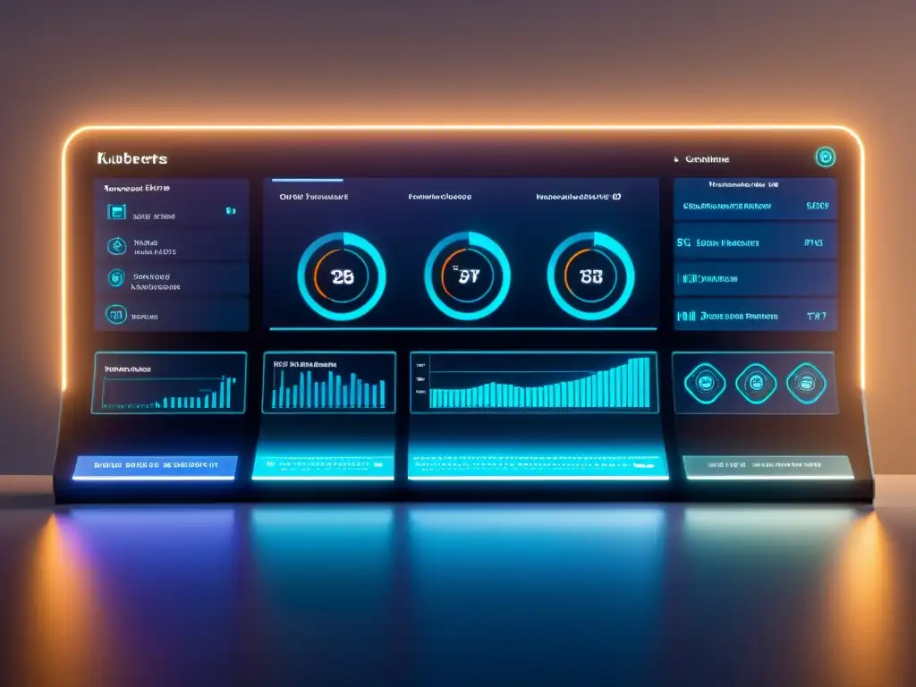 Panel de control futurista con visualizaciones de datos, para tutorial gestión contenedores Kubernetes