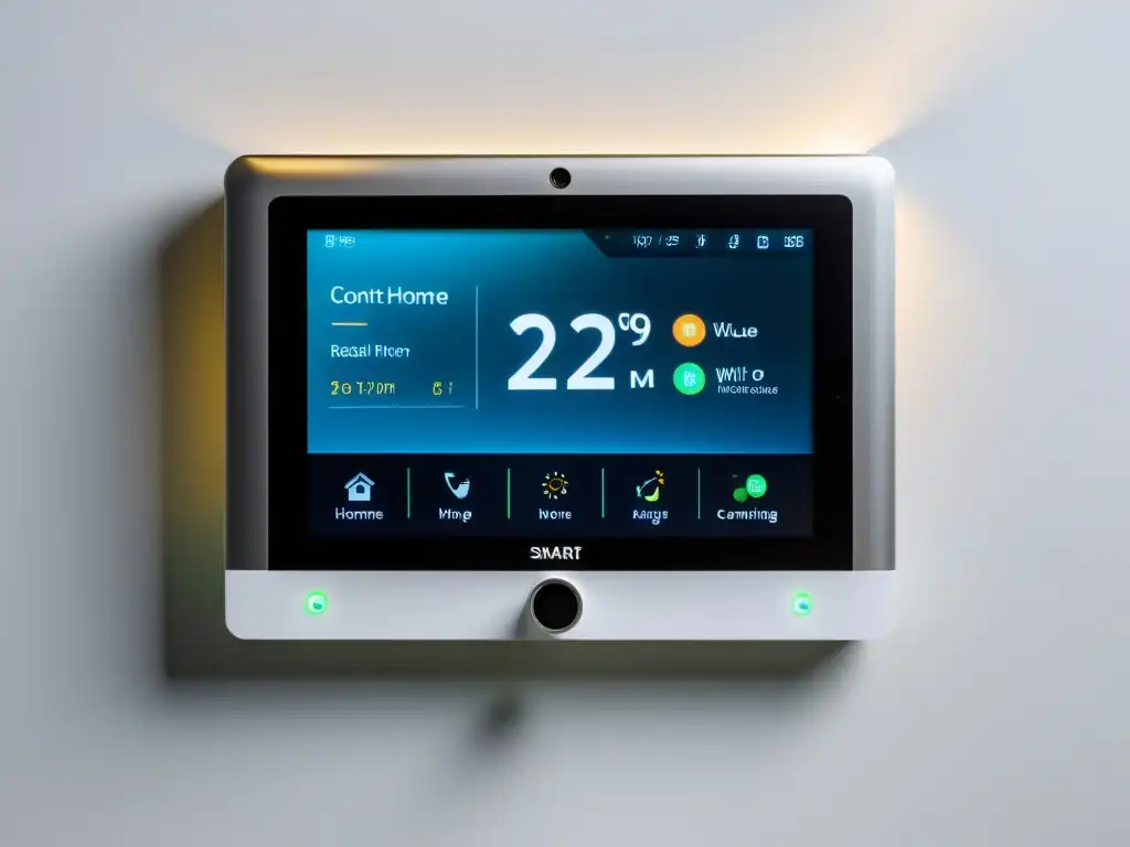 Panel de control inteligente para hogar moderno con datos en tiempo real Panel de control de hogar inteligente con pantalla táctil, mostrando datos de energía, cámaras de seguridad y control de temperatura