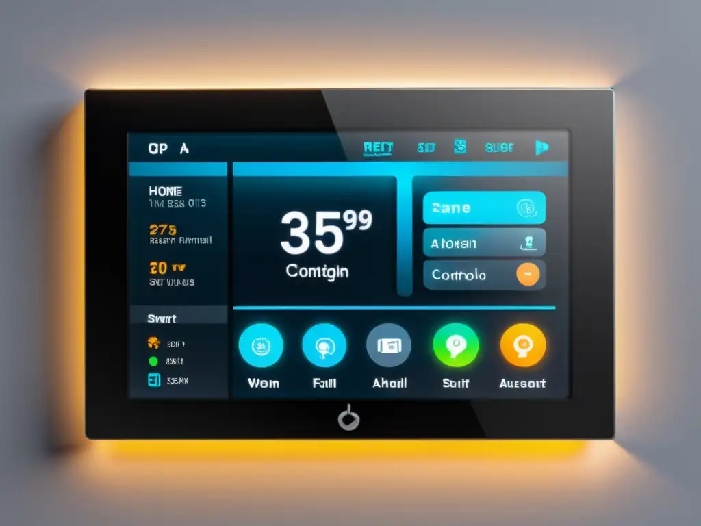 Panel de control para hogar inteligente con interfaz táctil, mostrando sistemas automatizados de iluminación, clima, seguridad y entretenimiento