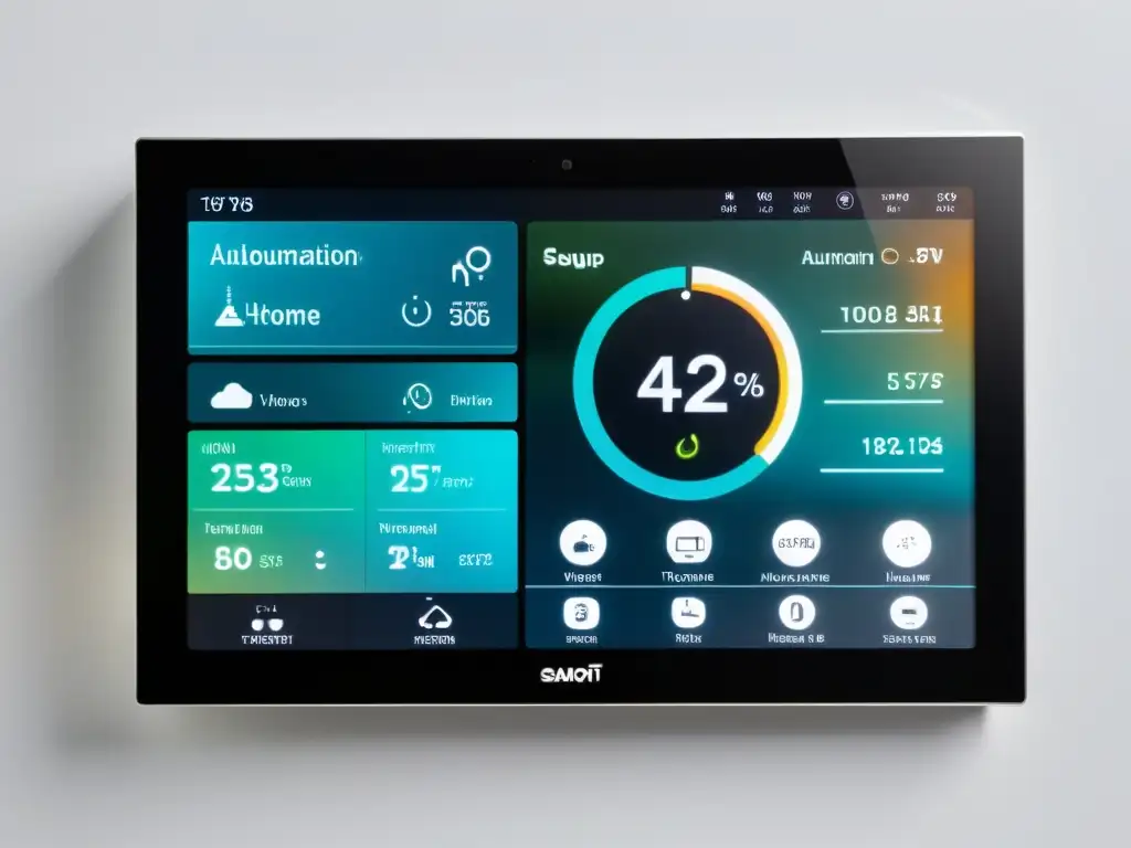 Panel de control de automatización del hogar con software libre en una vivienda moderna y minimalista, rodeado de dispositivos inteligentes