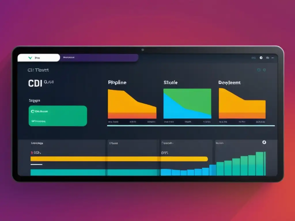 Un panel de control moderno para CI/CD, con visualizaciones vibrantes de commits, pruebas automatizadas y etapas de despliegue