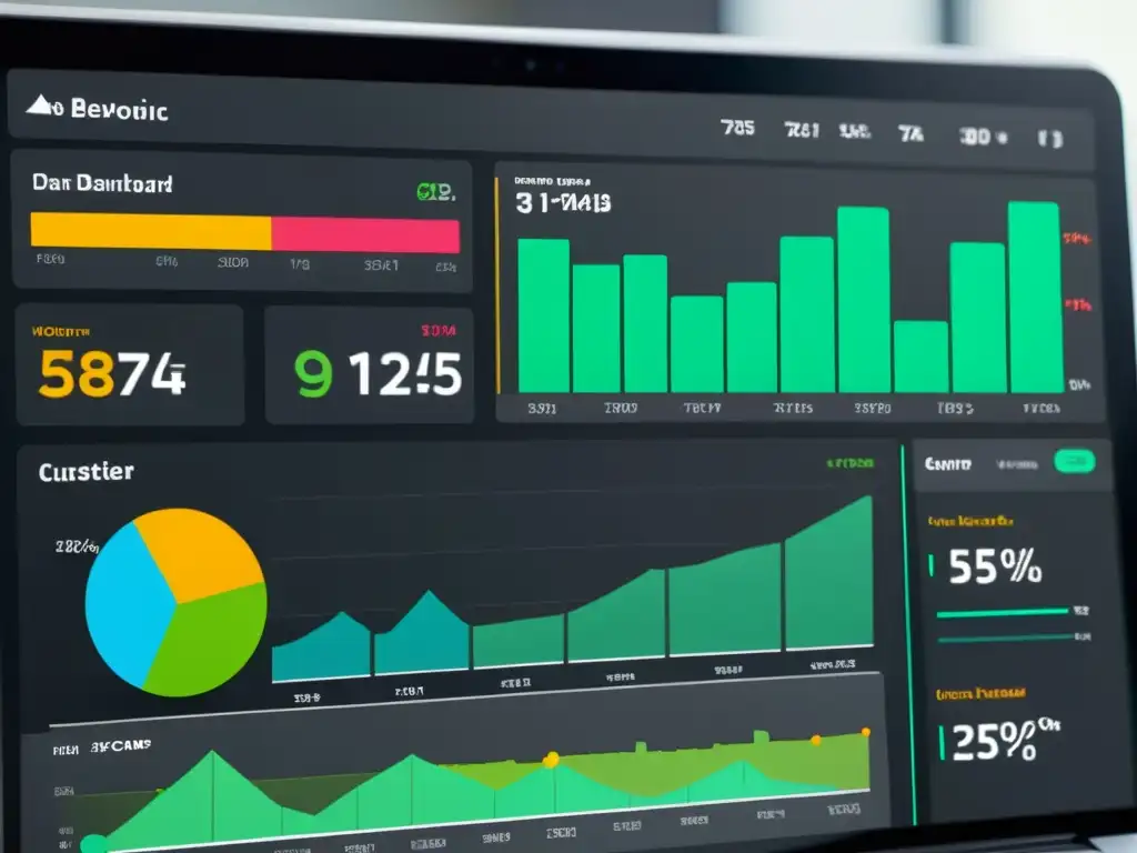 Un panel de control moderno y detallado muestra análisis de clientes y métricas de rendimiento