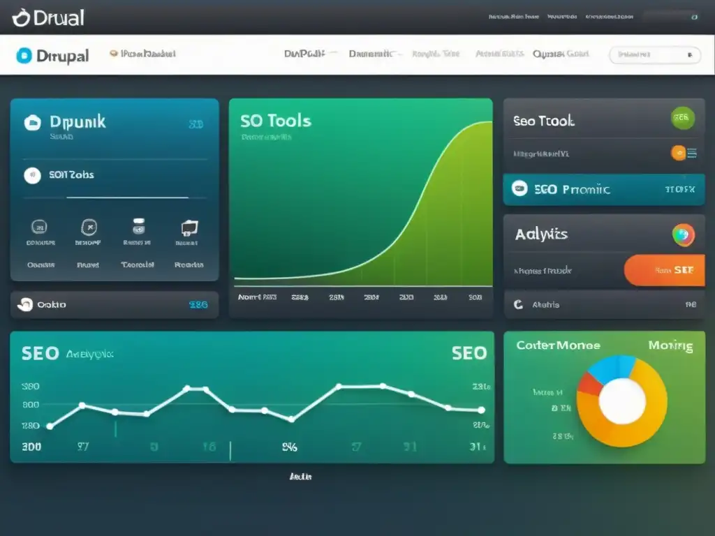Un panel de control moderno de Drupal muestra herramientas avanzadas de SEO e integración estratégica en CMS Open Source