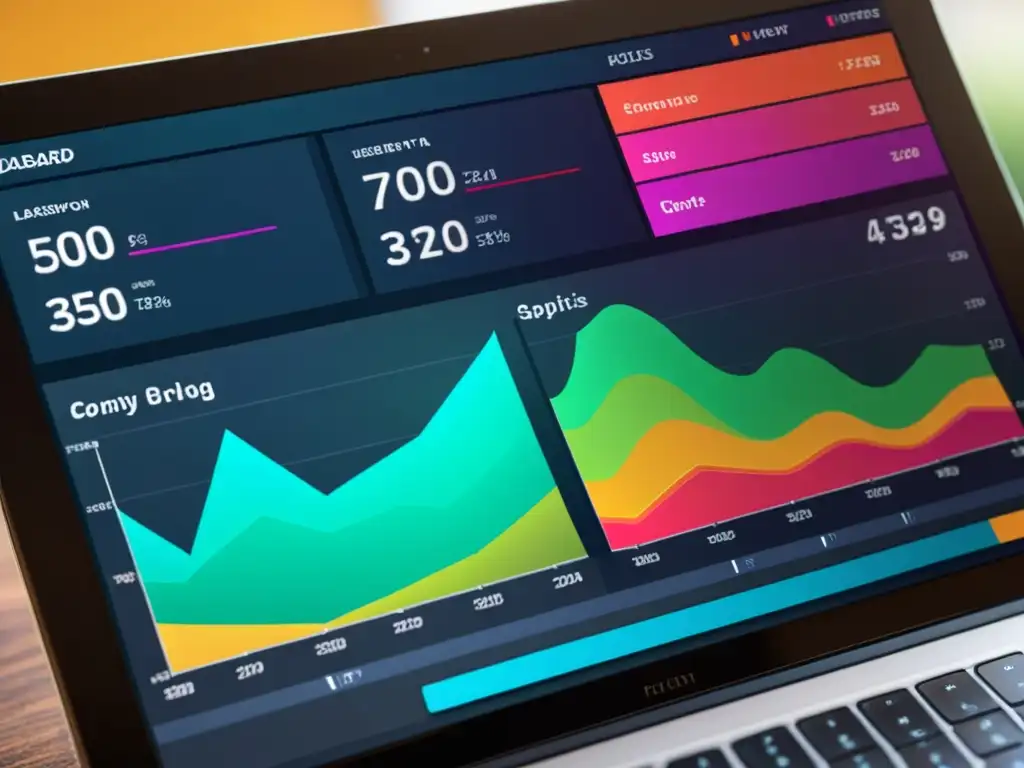 Un panel de control moderno y elegante muestra gráficos dinámicos en colores vibrantes