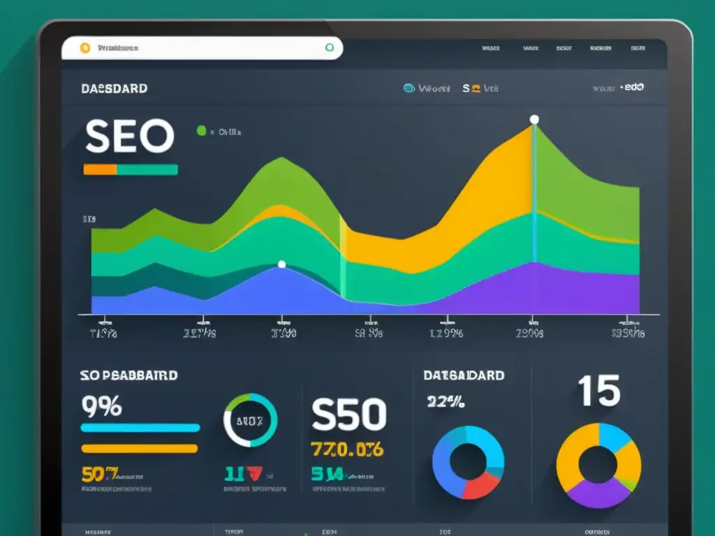 Un panel de control moderno y elegante muestra métricas de SEO como clasificaciones de palabras clave, tráfico orgánico y puntuaciones de optimización