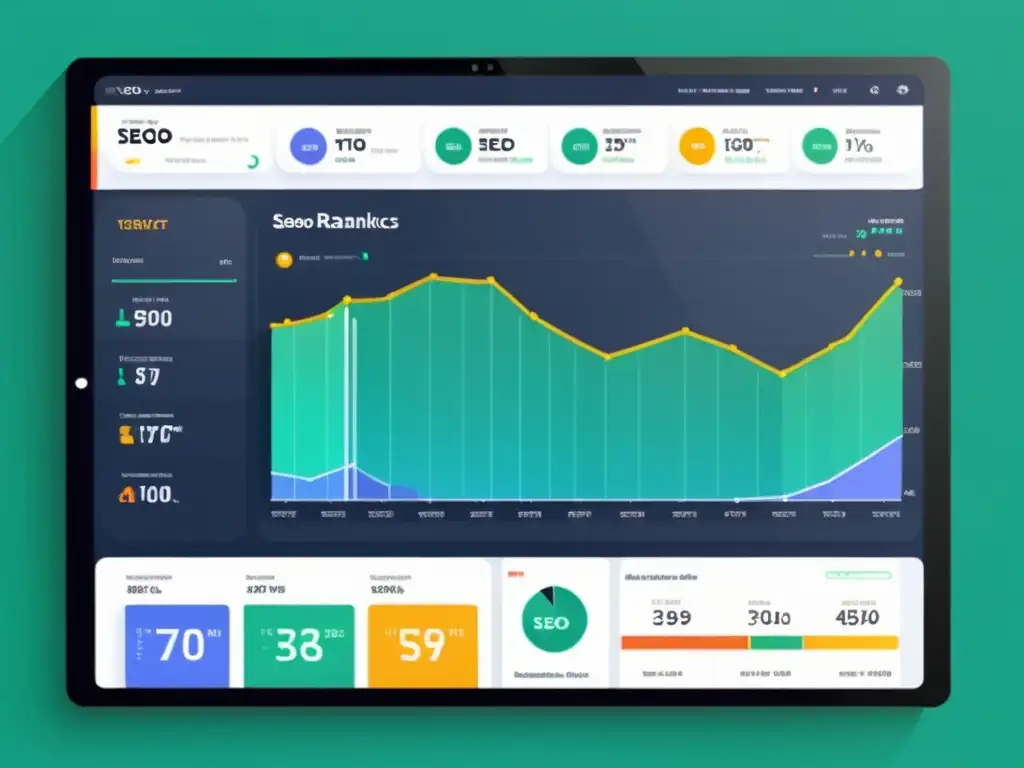 Un panel de control moderno y elegante muestra métricas de SEO como ranking de palabras clave, tráfico web y análisis de backlinks
