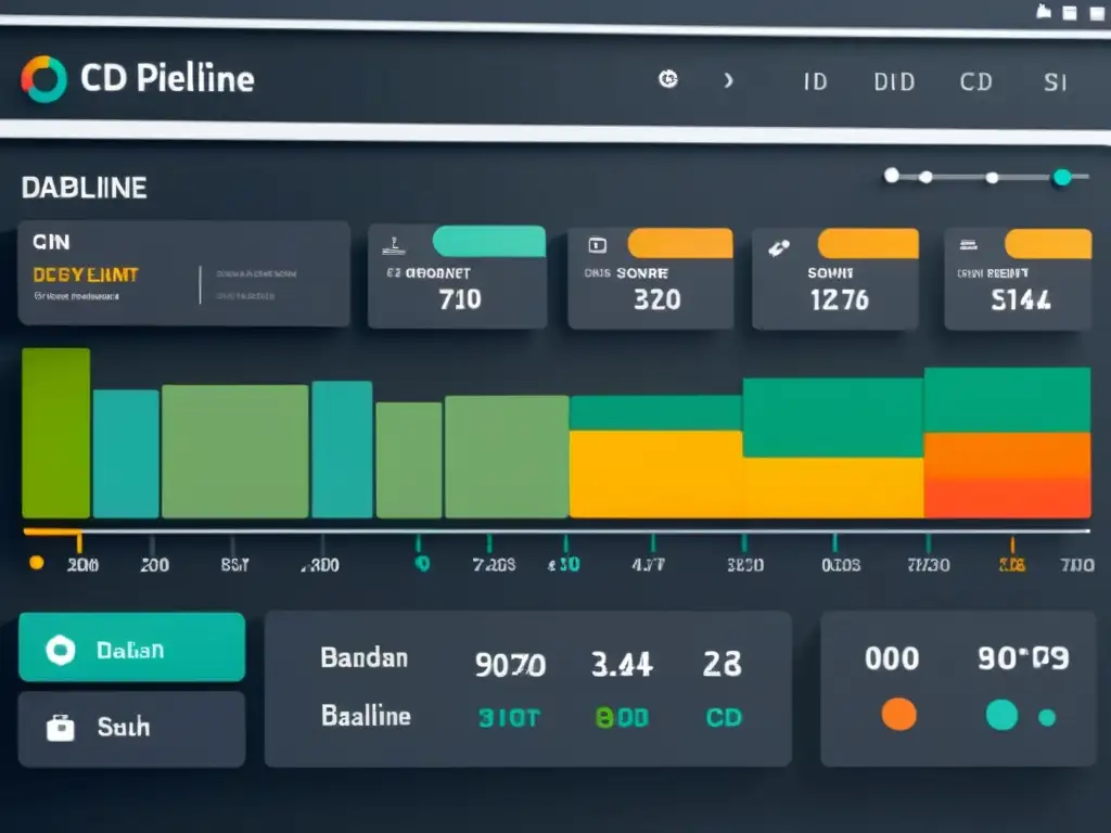 Un panel de control de pipeline de CI/CD moderno y elegante, con colores vibrantes y diseño minimalista