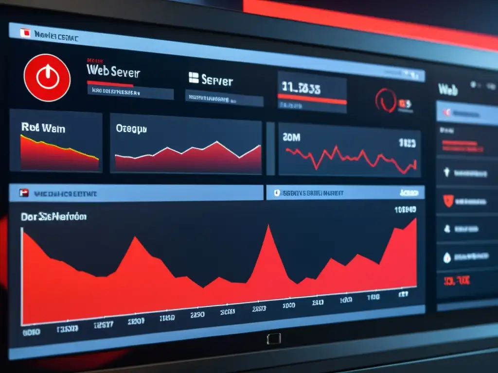 Un panel de control de servidor web con múltiples alertas rojas, gráficos detallados y visualizaciones de datos