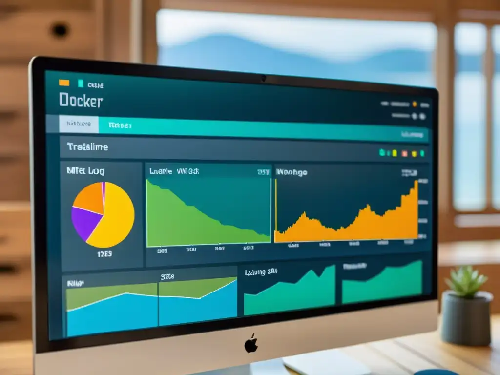 Dashboard en tiempo real de Docker con gráficos detallados Un panel de control en tiempo real muestra gráficos detallados de actividad y recursos en un entorno Docker, transmitiendo tecnología avanzada y eficiente gestión de contenedores