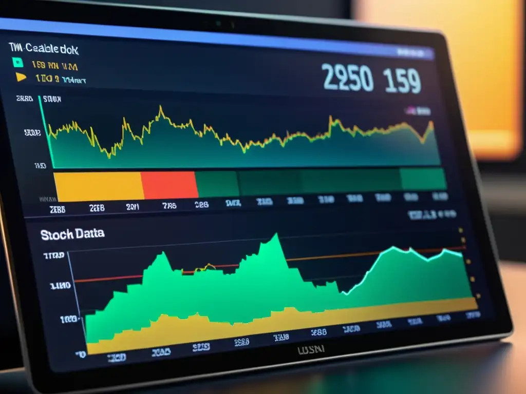 Un panel de control de TimescaleDB muestra datos en tiempo real del mercado de valores, con gráficos futuristas y una interfaz amigable, reflejando el manejo eficiente de series temporales en un entorno profesional y moderno