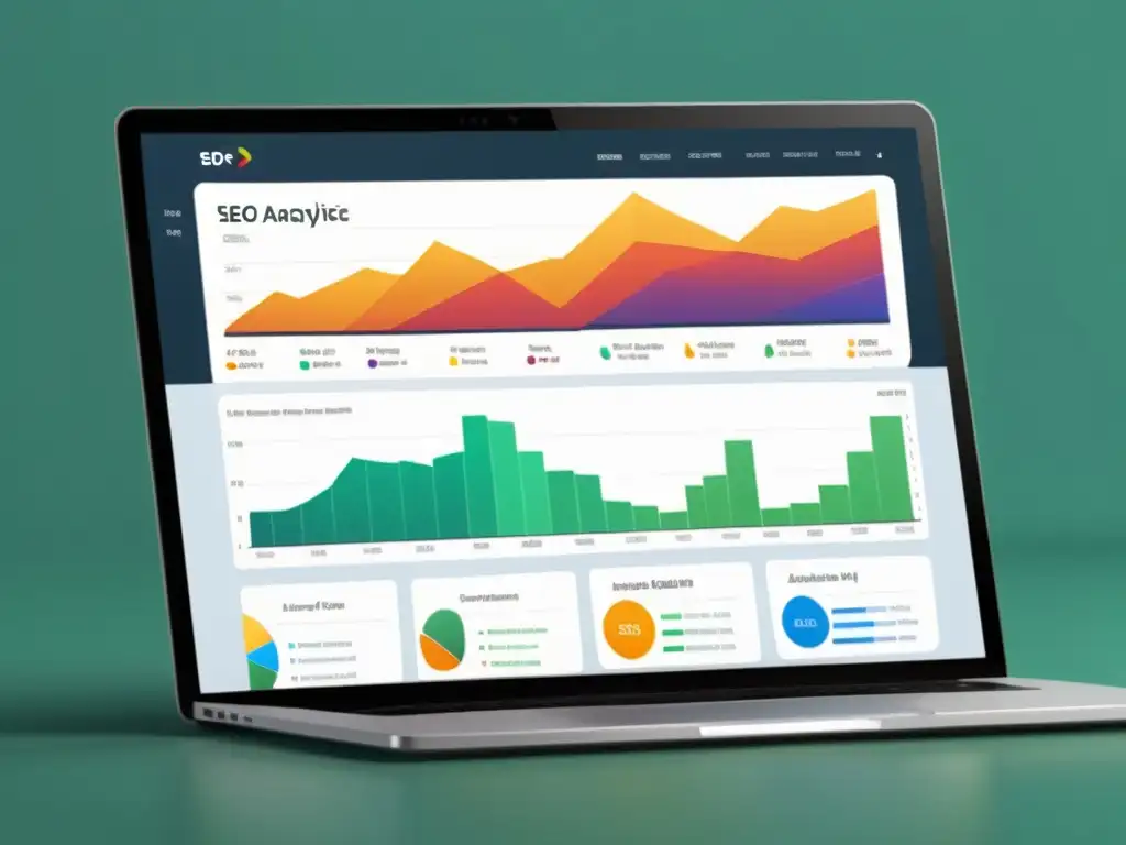 Un panel de control web moderno y colorido muestra análisis SEO, con gráficos, rankings de palabras clave