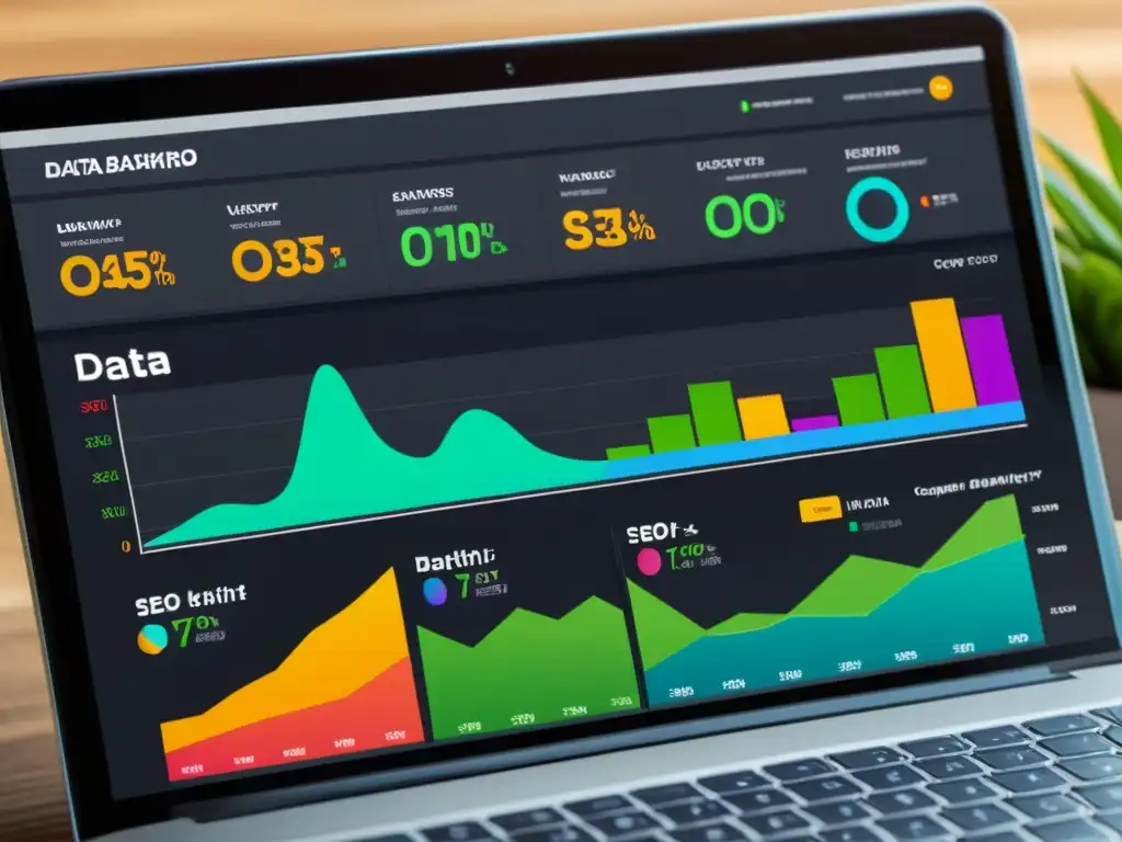 Un panel de visualización de datos futurista muestra métricas de SEO con gráficos vibrantes y diseño vanguardista