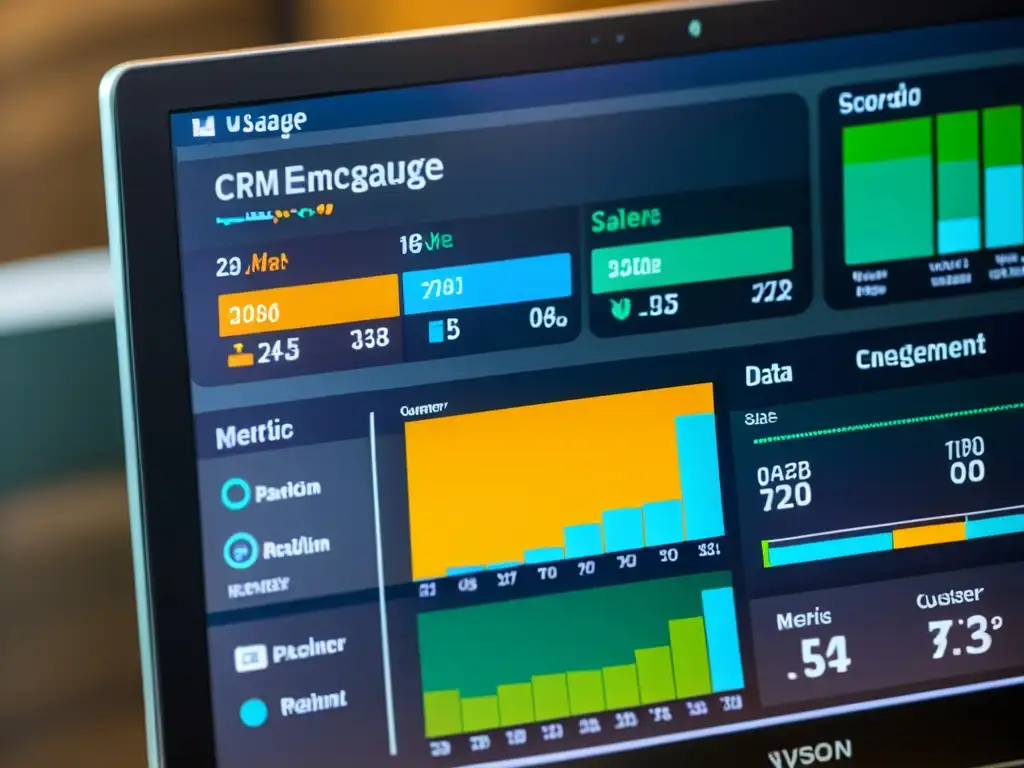 Un panel digital muestra KPIs del CRM de código abierto, con gráficos vibrantes y datos sobre el ROI