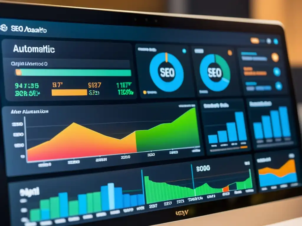 Un panel digital futurista muestra herramientas de automatización de SEO open source en acción, con visualizaciones de datos y controles AI avanzados