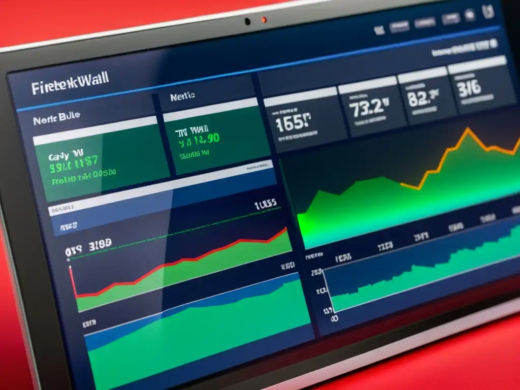 Un panel de firewall de red de alta resolución con diseño futurista y métricas de rendimiento en tiempo real