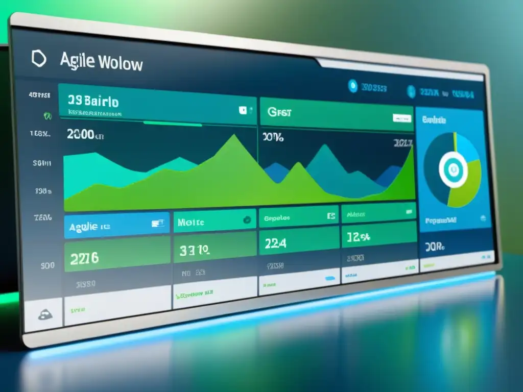Panel futurista con gráficos dinámicos mostrando datos de automatización Open Source para Equipos Ágiles