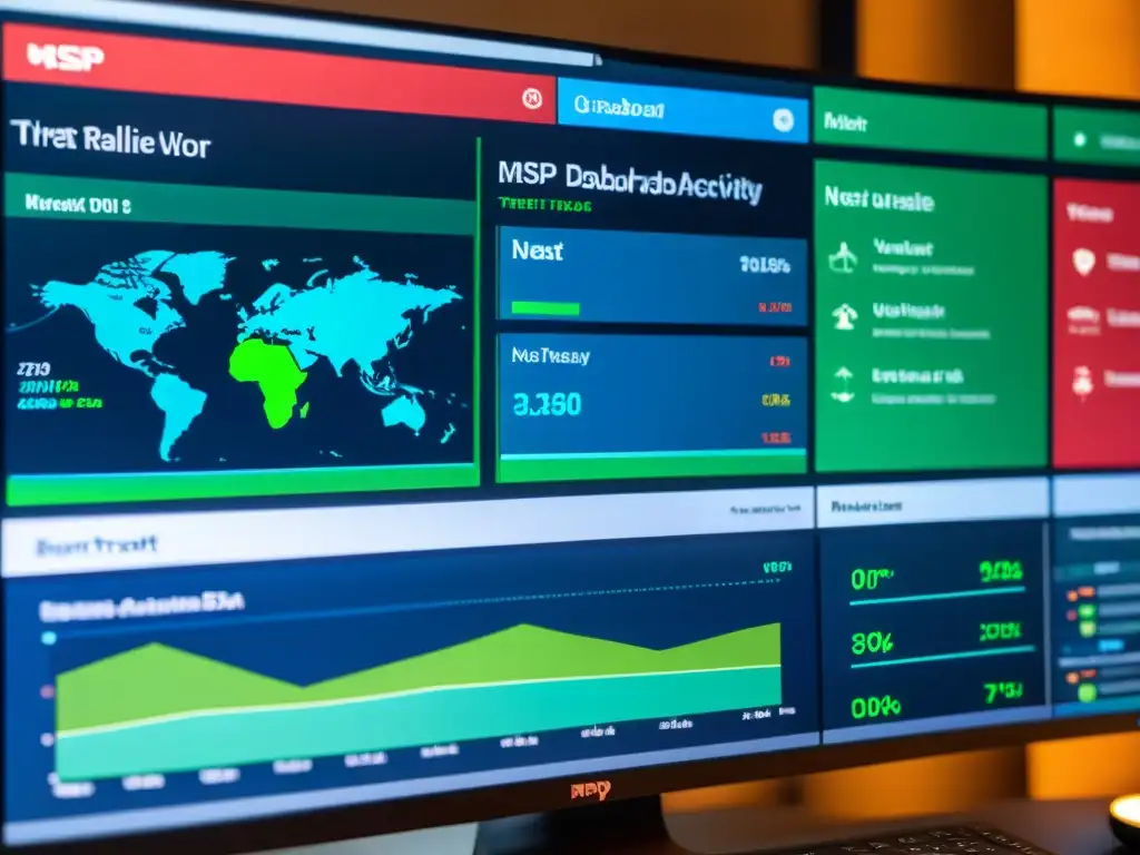 Un panel de MISP muestra datos de amenazas en tiempo real con gráficos detallados y colores vibrantes