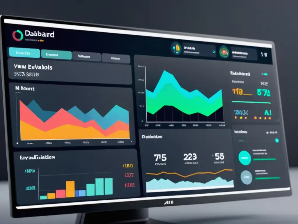 Un panel de evaluación de modelos de IA muestra gráficos coloridos y métricas de desempeño en una interfaz futurista de código abierto