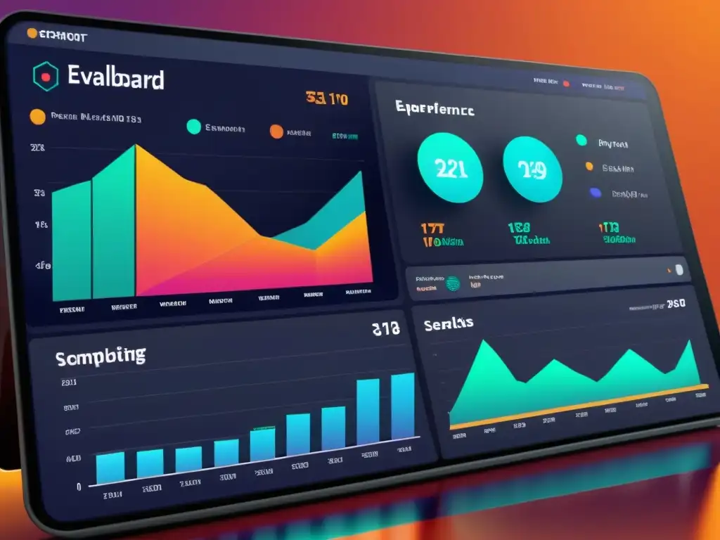 Un panel de evaluación de modelos de inteligencia artificial futurista, con visualizaciones de datos complejos y métricas de rendimiento