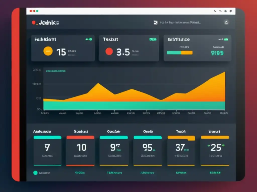 Un panel moderno de Jenkins muestra visualizaciones dinámicas de pruebas automatizadas, con indicadores de rendimiento codificados por colores