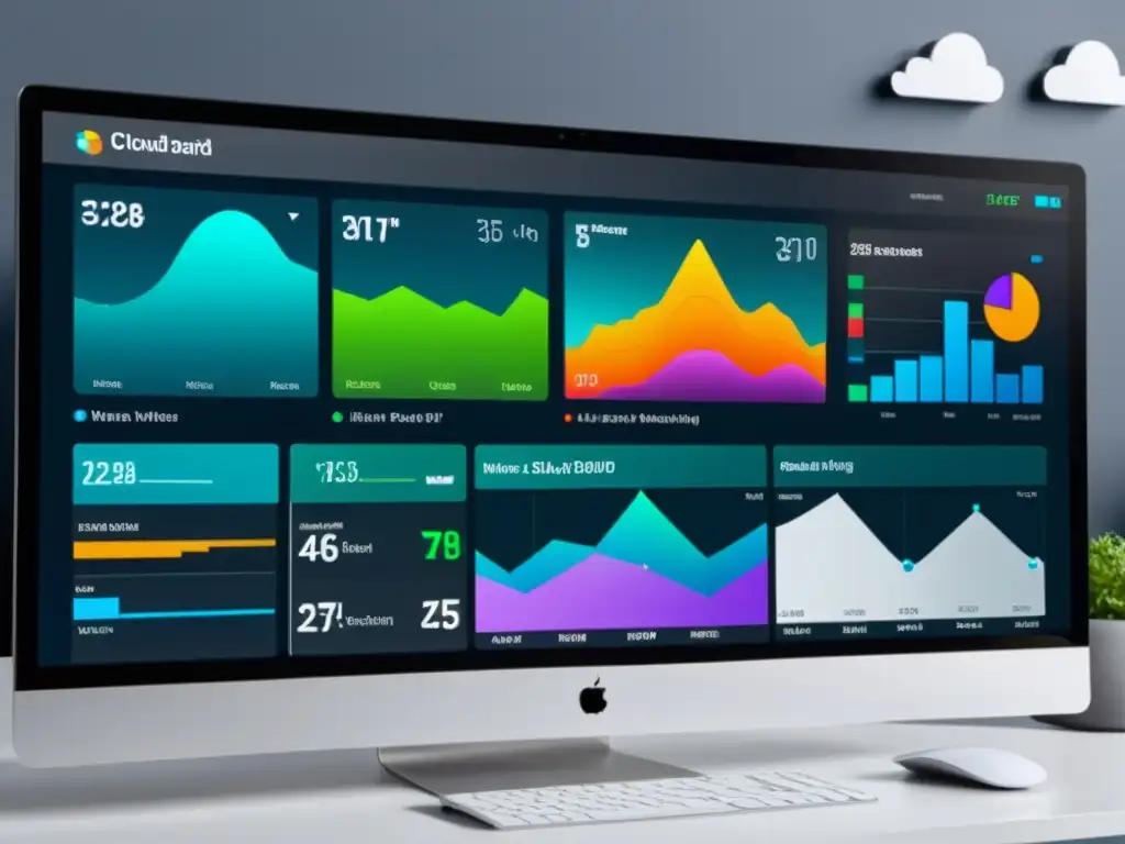 Un panel de monitoreo de nube futurista con visualizaciones dinámicas de datos en múltiples pantallas de computadora