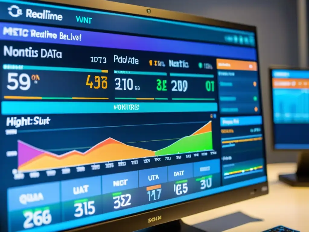 Un panel de monitoreo de red en tiempo real muestra vibrantes gráficos y datos, transmitiendo eficiencia y tecnología de vanguardia