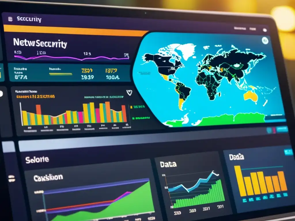 Un panel de seguridad cibernética con IA de código abierto, visualización de datos en tiempo real y redes neuronales interconectadas