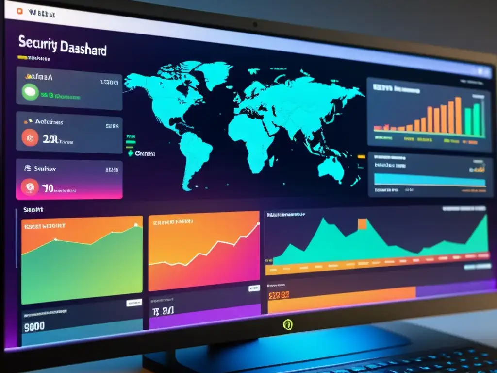 Un panel de seguridad web de código abierto OWASP con diseño futurista y monitoreo de amenazas en tiempo real, gráficos de tendencias de ataques y mapa de red global