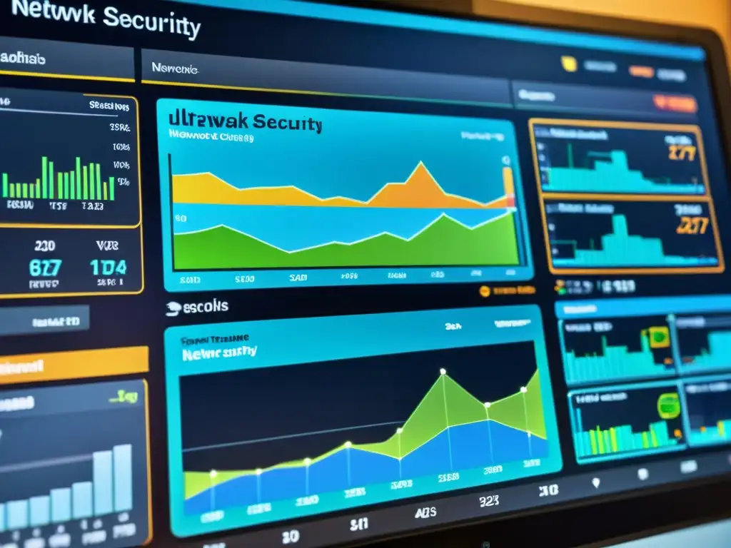 Panel de seguridad de red con visualización de datos en tiempo real, gráficos detallados y análisis forense con firewalls open source