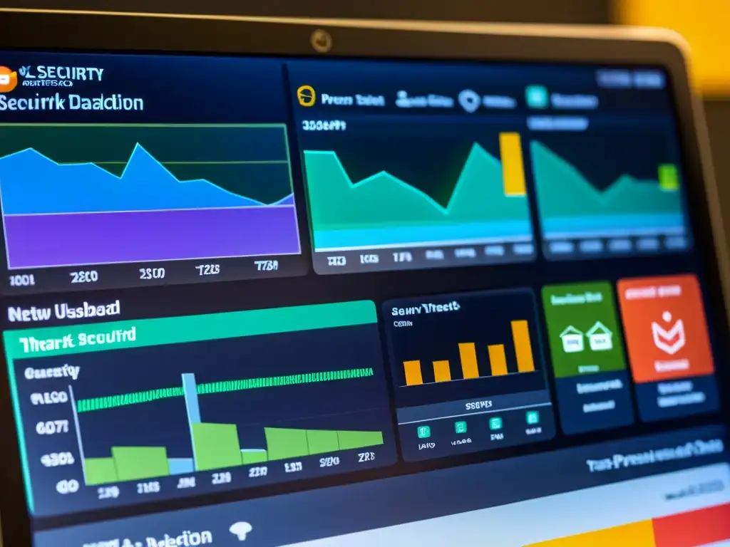Un panel de seguridad de red detallado y vibrante, mostrando métricas de detección y prevención de amenazas en tiempo real